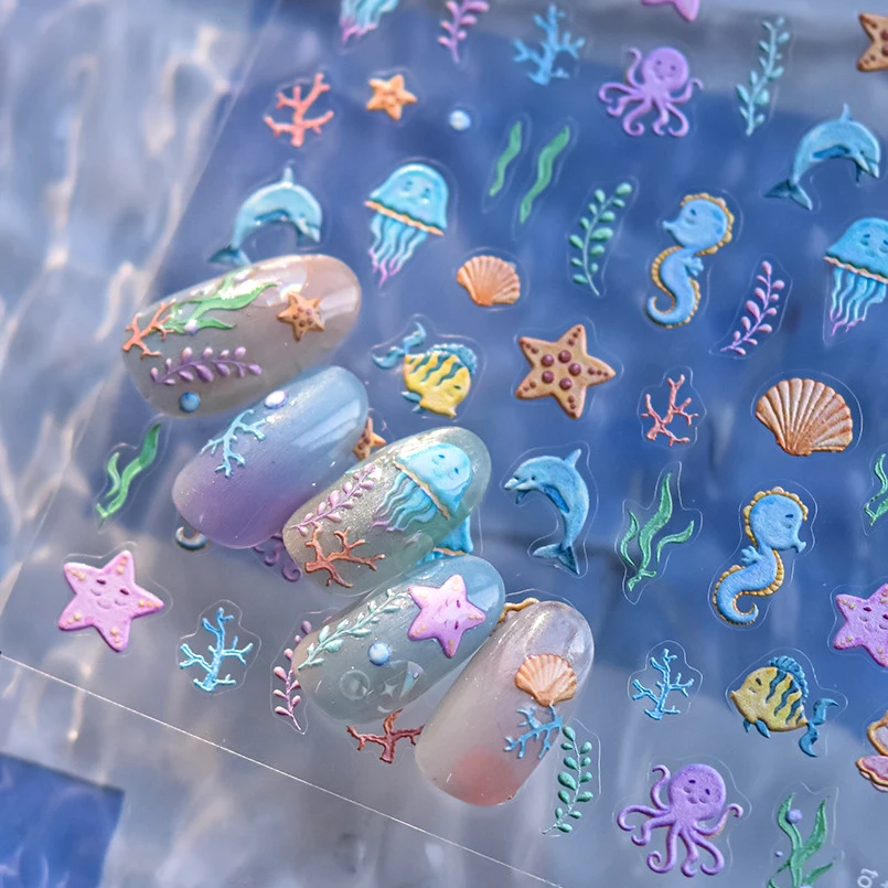 Oceaan Koraaldolfijn Kwallen Inktvis Schelp Zeester Zomer Zee Zacht Reliëf Decoratie Nail Art Sticker Manicure Stickers