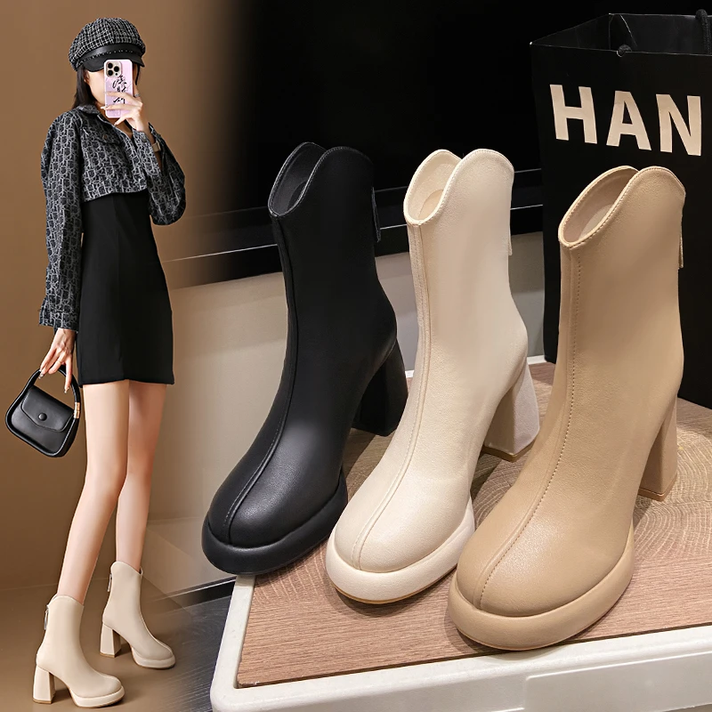 

New Style Popular Women Boots Shoes Cow Patent Leather High Heels Platform Black Beige Shoes Woman Dress Party Office Boots