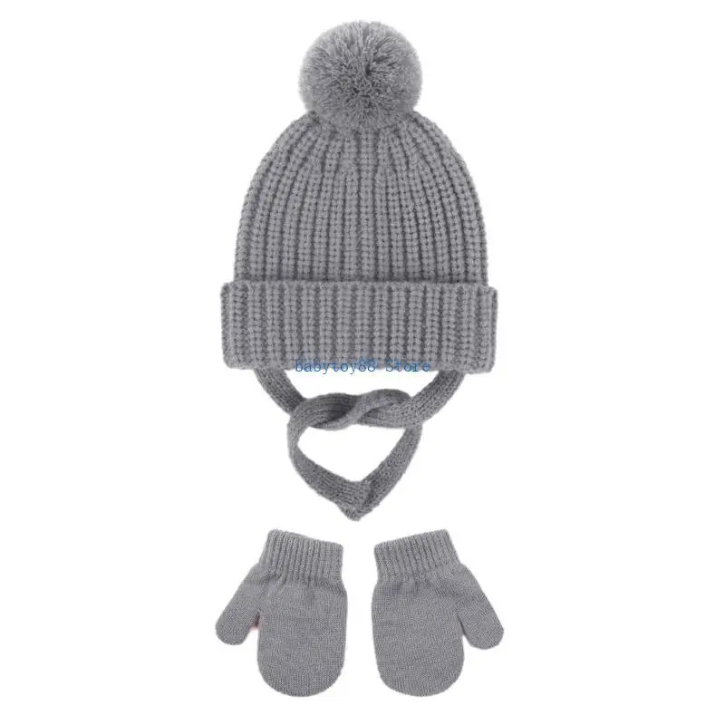 

Y4UD Warm and Stylish Knitted Bonnet Hat & Gloves for Baby Infant Cosy Earflap Hat with Pom Winter Outdoor Essential