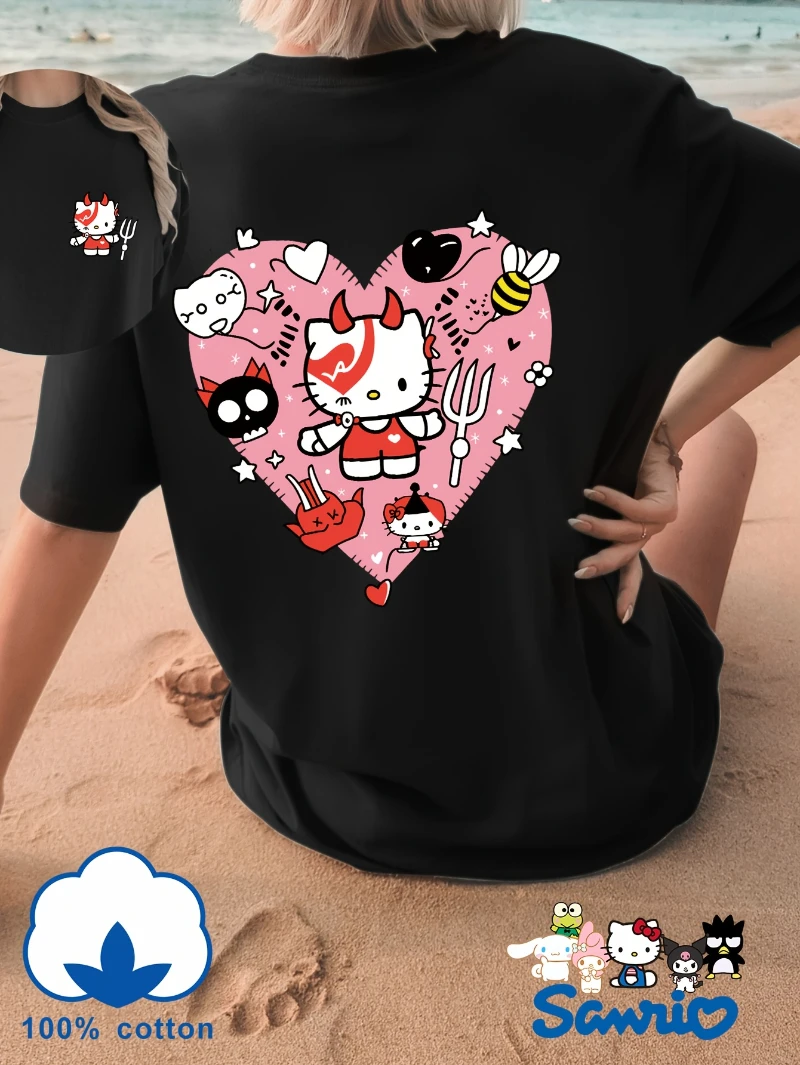 

Ladies' Hello Kitty Back Printed T-shirt - Cute Sanrio Character Pattern T-shirt, Soft and Comfortable Cotton Casual Loose Top