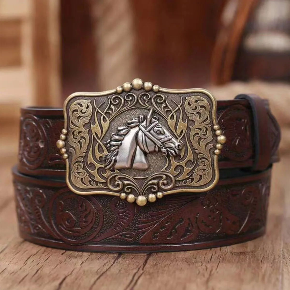 Beaded Silver Horse Head3.7cm wide men's and women's Western bull head denim style bull scalprendy belt smooth buckle