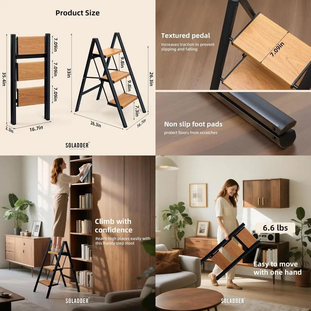 

3-ступенчатая лестница, противоскользящая и легкая складная стремянка для взрослых и детей для использования на кухне, шкафу и библиотеке, 300 фунтов (чердак)