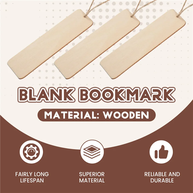 A19E-50 PCS Wood Blank Bookmarks Unfinished Wooden Book Marks Hanging Tag With Holes And Ropes DIY Craft Projects