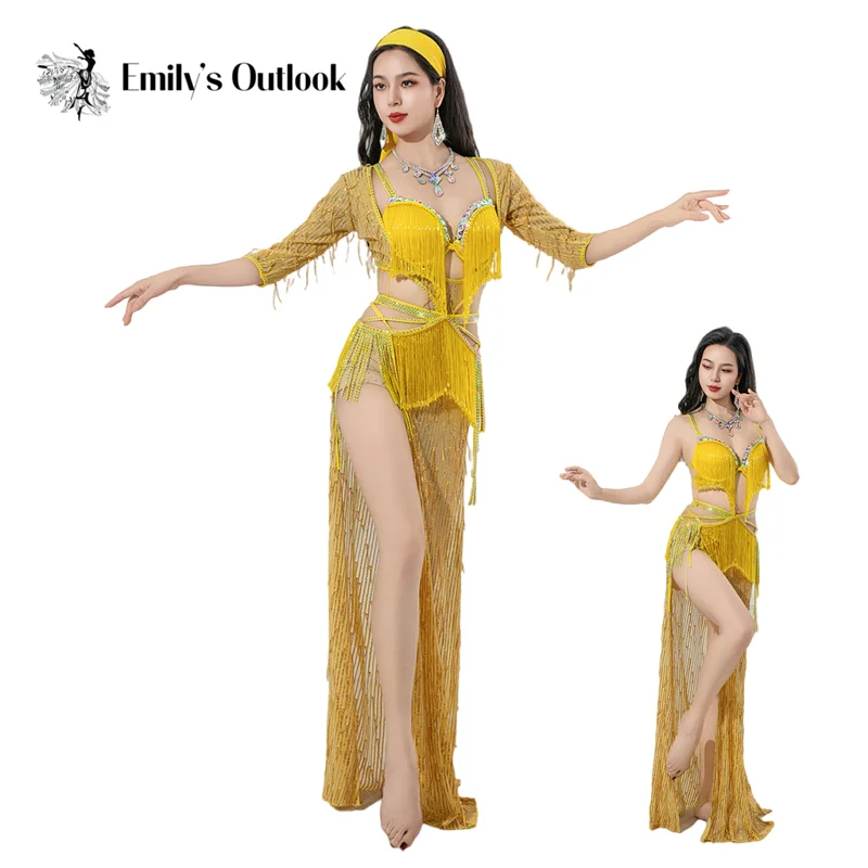 Arabic Dance Caderines Bellydance Performance Costume 4 Piece Sequin Skirt Rhinestone Bra Luxury Professional Egypt Outfits New