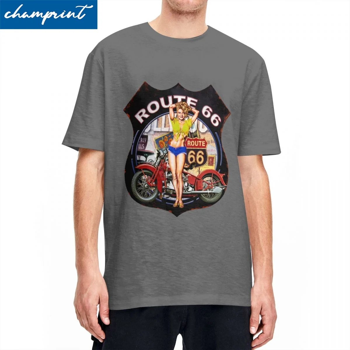 Funny Route 66 Motorcycle Pinup Tshirts Men Round Neck Short Sleeve Tops Mother Road American Classic 100% Cotton Summer Tops