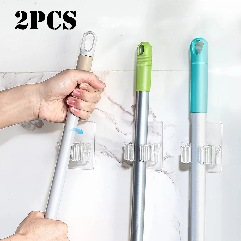 1/2pcs Mop Holder Wall Mount Heavy Duty Broom Hooks Self Adhesive Utility Hanger Mop Broom Organizer Home Kitchen Garden Storage