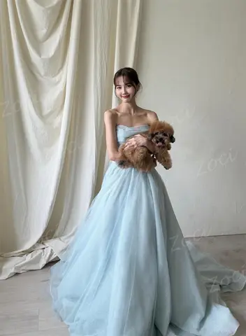 Zoci Älskling Himmelsblå Koreanska Bröllopsklänningar Älvaktig Glänsande Tyll Anpassad Fotograferingsklänning Glittriga Brudmottagningsklänning 10 best sales retrofete-klänning - №1