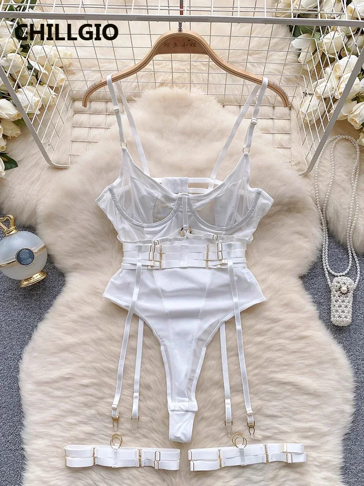 CHILLGIO Women Sexy Push Up Bodysuits Lingerie One Piece Bodycon Combination Catsuits Erotic Fashion Transparent Strappy Rompers