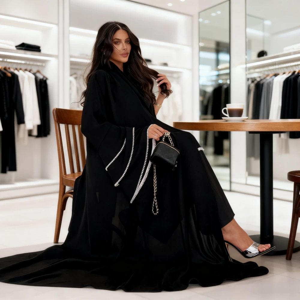 

Ид Вечеринка Абая Женский Мусульманский Кардиган Бисероплетение Расклешенные Рукава Черный Абая 2026 Джалабия Марокко Кафтан Vestidos Дубай Рамадан Халат