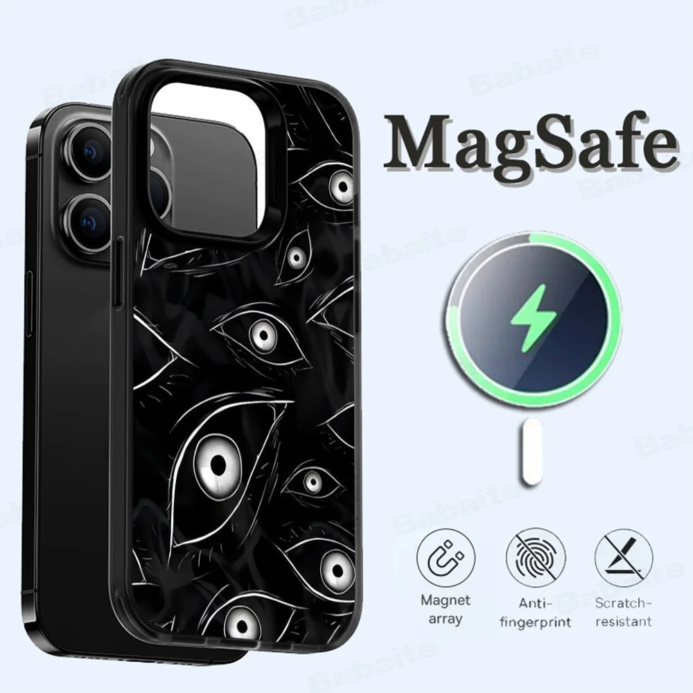 Black Scary Ghost Eye Monstrous Line Art Phone Case Magesafe Magnetic Wireless Charge Case For iPhone 16 14 Pro Max Plus Mini