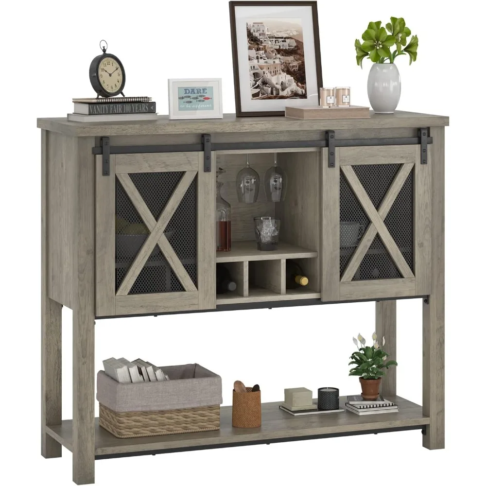 

Coffee Bar Cabinet with Wine Glass Rack & 2 Sliding Mesh Doors, Sideboard Buffet Storage Cabinet with Storage, Farmhouse Wine Ba