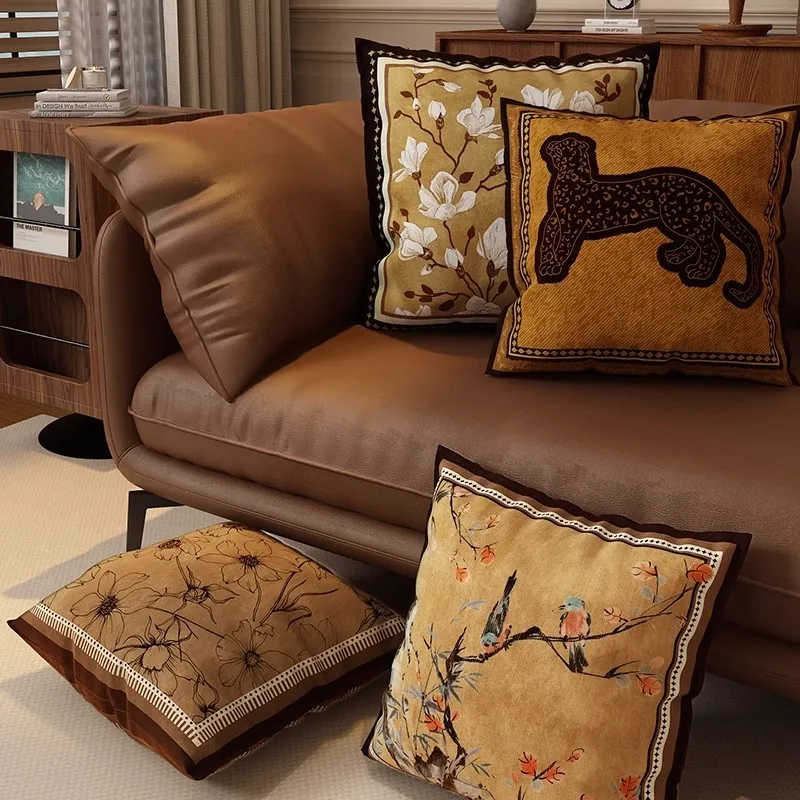 Mid-century Modern Style brown black printed cushion cover cotton linen vintage case for pillow cover