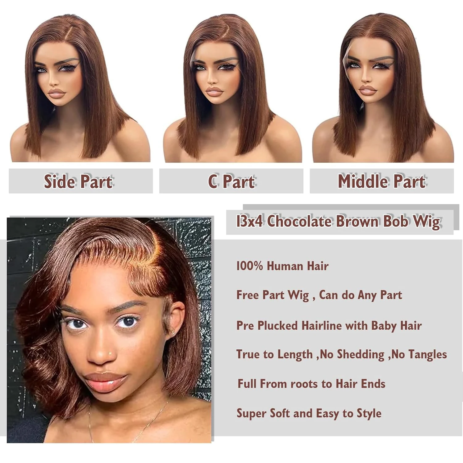 # チョコレートブラウンのストレートショートボブウィッグ人毛13x4レースフロントウィッグ密度200ブラウンストレートショートボブ人毛ウィッグ4個