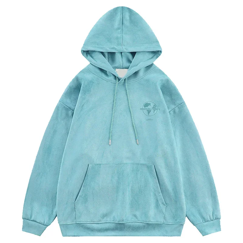 Retro Heavy Lake Blue Hooded Fleece Lined Sweater Women's Autumn and Winter New All-Matchloose Coat