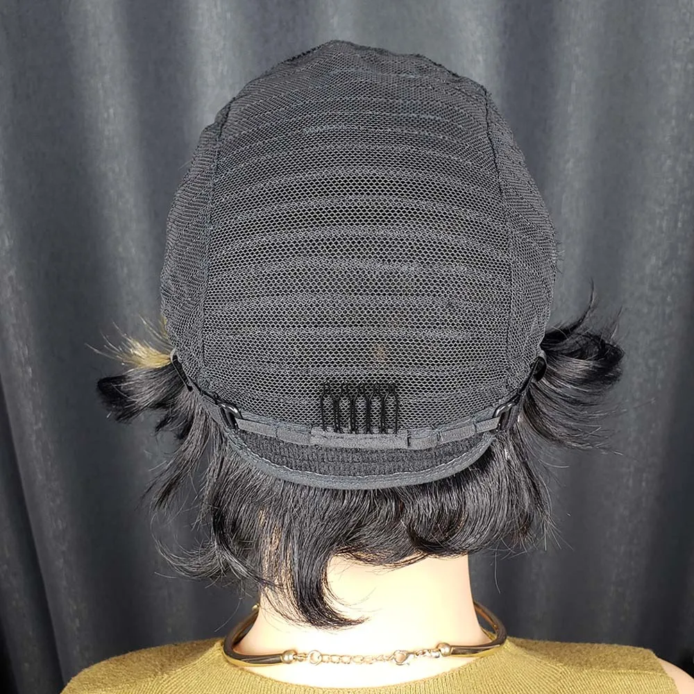 Parrucche per capelli umani con taglio pixie per donna Parrucche ondulate con taglio pixie a strati corti Parrucca brasiliana Remy diritta fatta a macchina Nera con bionda