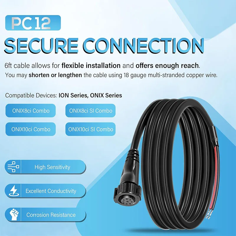 ‎720085-1 Power Cable 8-Pin Replacement for Humminbird PC12 Power Cord, 6 Foot, for All SOLIX and Onix Series Fish Finders