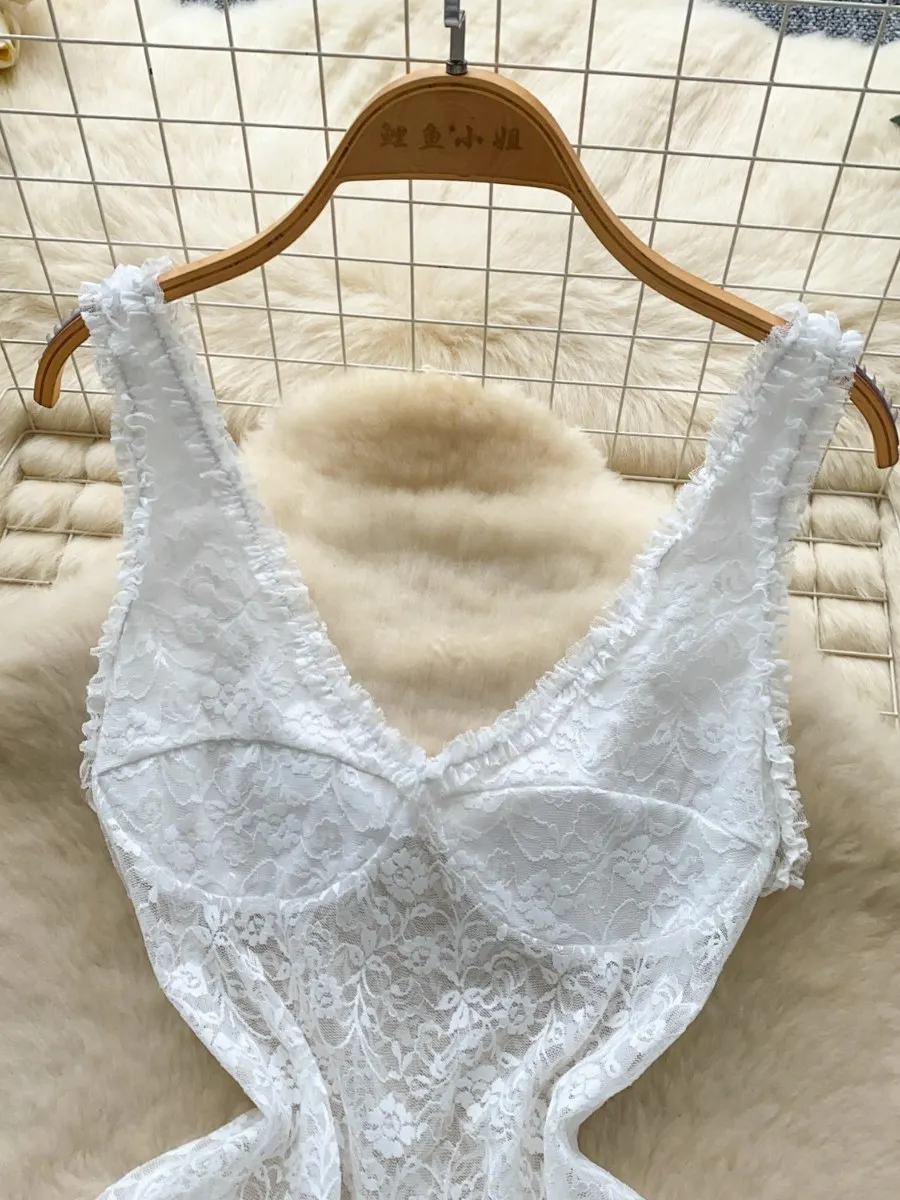 Foamlina 2025 verão preto renda em camadas mini vestido sexy halter y2k rua quente menina cinched cintura magro ajuste a linha saia colete vestido