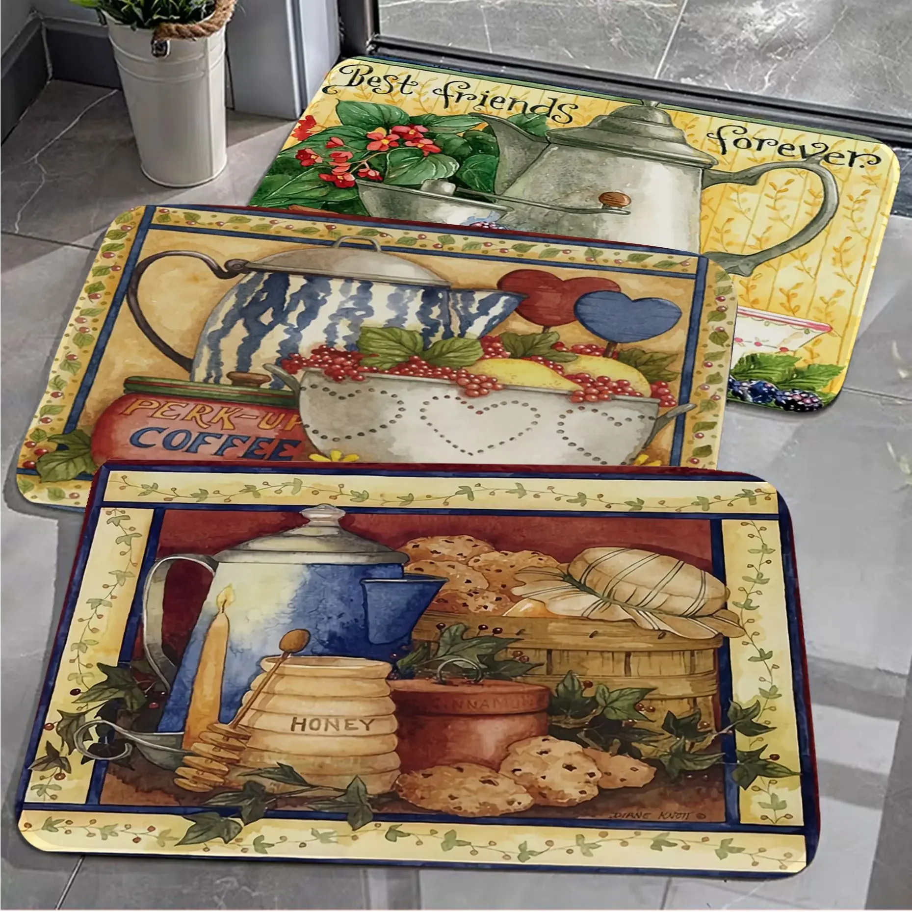 Watercolor Flower Kitchen Mat Retro Multiple Choice Living Room Kitchen Rug Non-Slip Welcome Rug