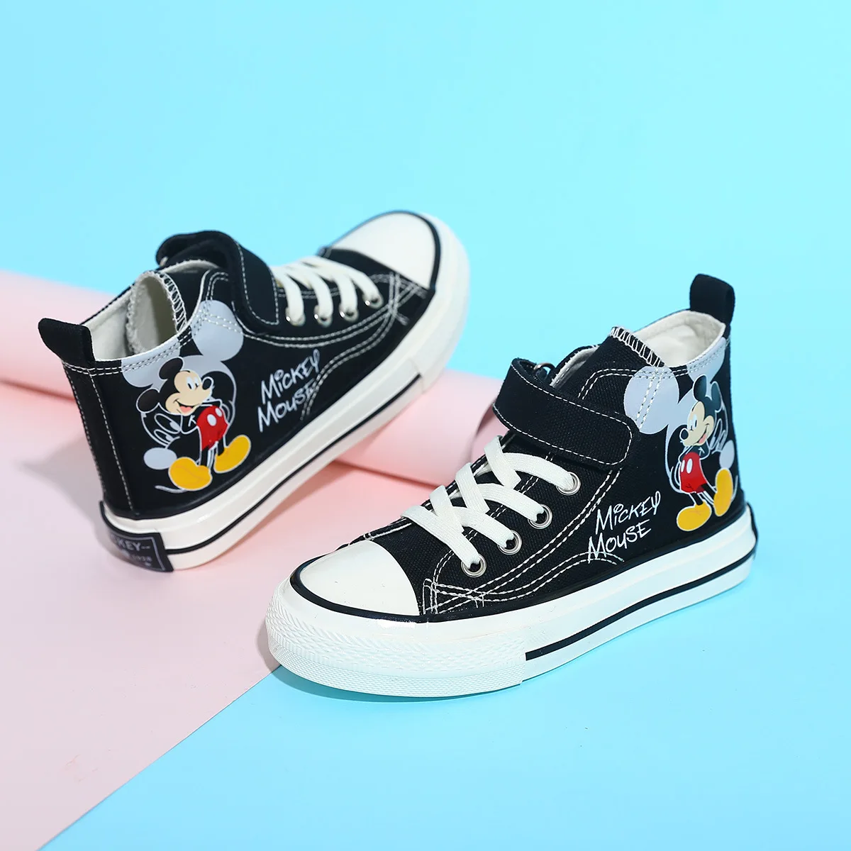 Disney Children Casual Shoes Mickey Mouse High Top Boys Black Canvas Shoes Student Lace up Sneakers for Kids Boys Shoes Size 37