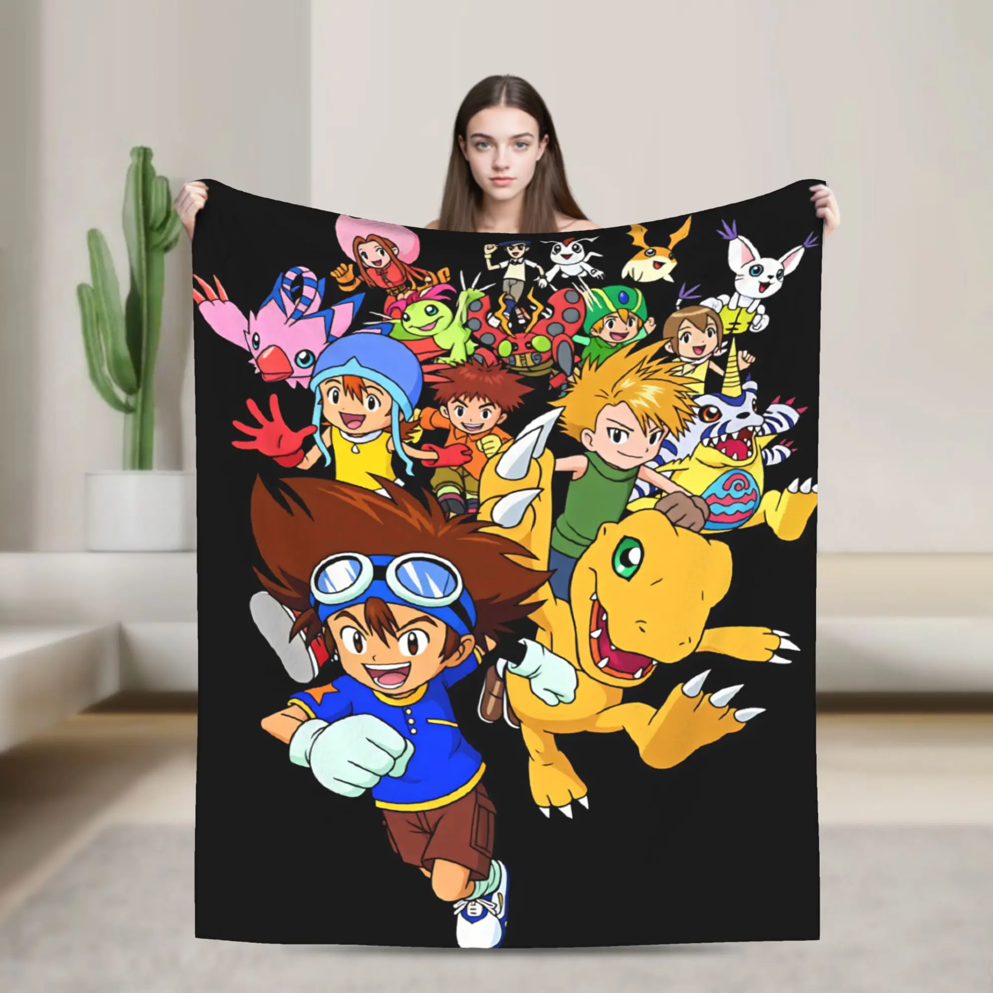 Digimon Chibi Banner Plush Blanket Girls Boys  Flannel Throw Blanket For Couch Bed Super Soft Custom Quality Bedspread Gift Idea