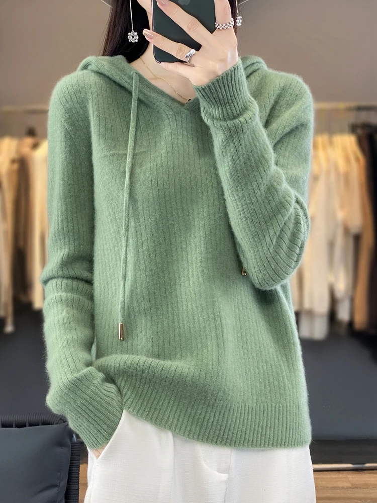 Women Sweater Casual Hoodie Pullover 100% Merino Wool Knitwear Long Sleeve Cashmere Autumn Winter Korean Style Female Clothing