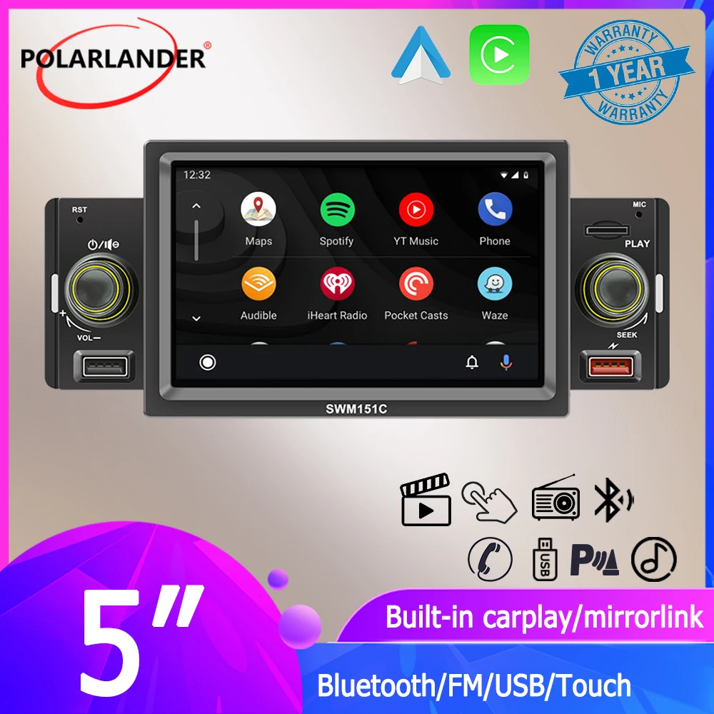 

Car Radio 1 Din 5' IPS Touch Screen Android Auto/Apple CarPlay MP5 Player USB SD TF Bluetooth FM Mirror Link Hands-free