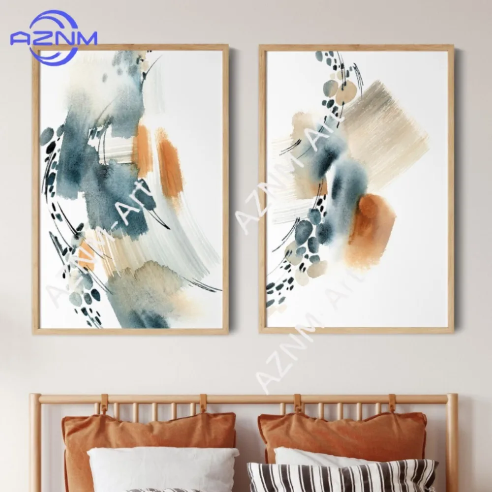 1/2 Stück Abstrakte Kunstdrucke Aquarell Wandkunst, Abstrakte Gemälde Blau Gebranntes Orange Moderne Wanddekoration