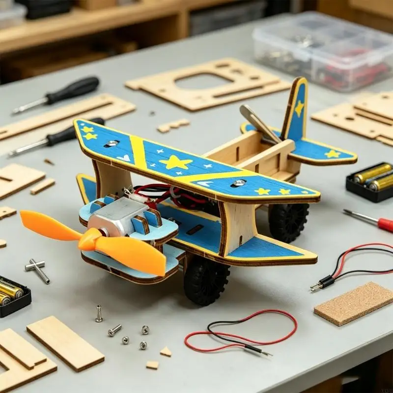 Wooden Plane Model Set with Small Motor Front Rotor, DIY Moving Science Craft for Class Demonstrations, Family Build Time