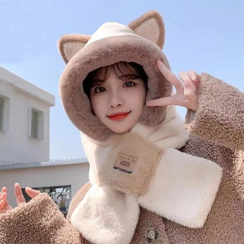 Winter Simple New Style Thickened Warm Plush Scarf All-in-one Hooded Scarf Three-in-one Cute fox Ear Hat Female Hooded Ski Mask