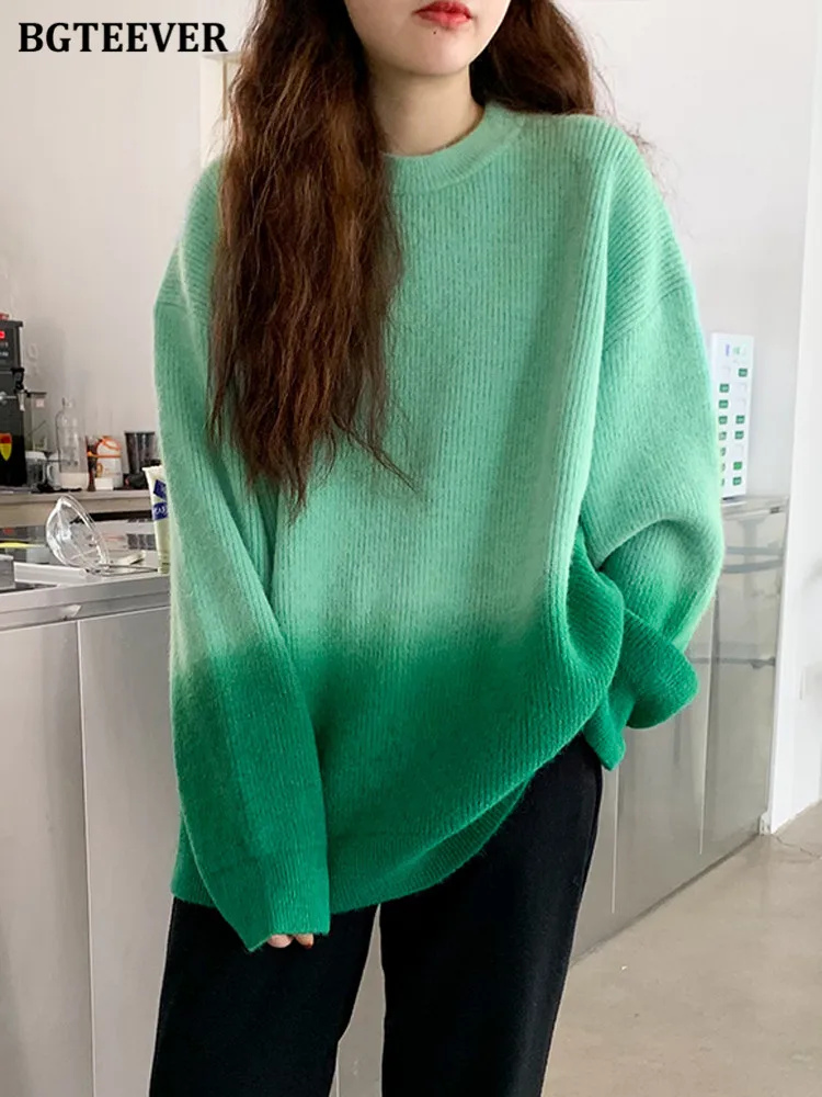 BGTEEVER Stylish Gradient Sweaters Women Autumn Winter O-neck Long Sleeve Loose Female Pullovers Jumpers