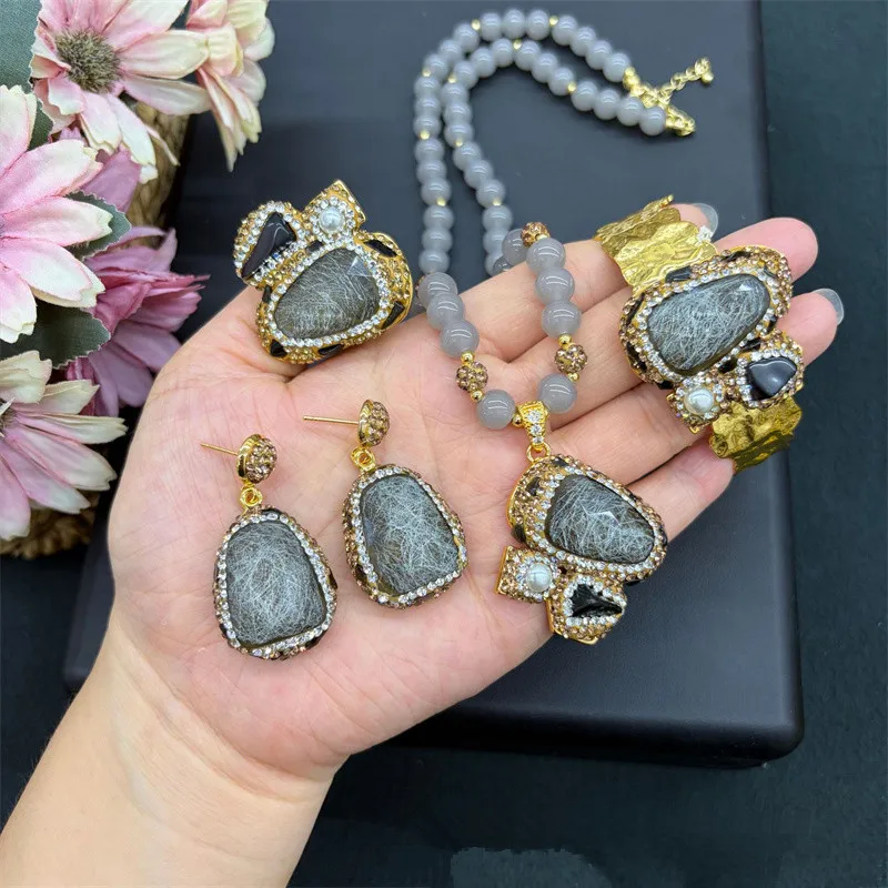 Multi Color Stone Turkish Women Gemstone Crystal Necklace Ring Bracelet Earring Set Party Vintage Statement Wedding Jewelry