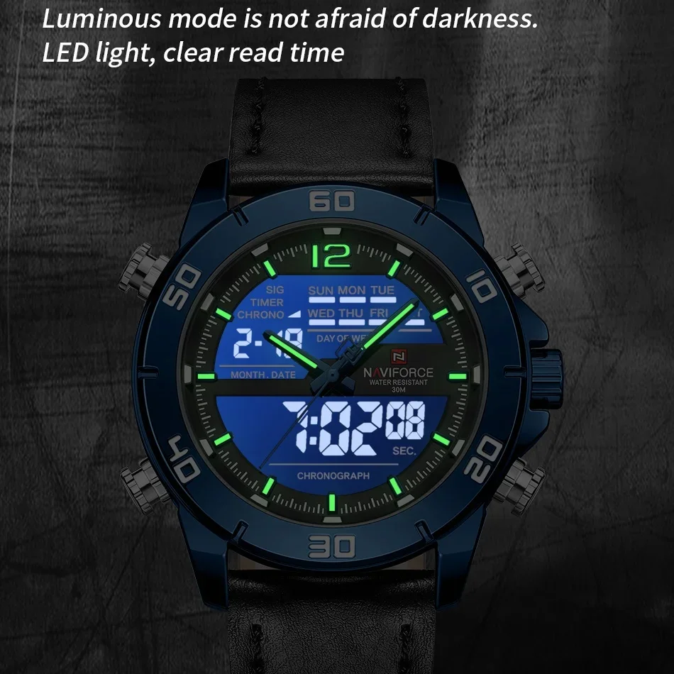 NAFIFORCE ساعة رياضية رجالية 3ATM مقاوم للماء عرض مزدوج ضبط الوقت حزام من الجلد الطبيعي LED ضوء الليل عرض ساعة الذكور