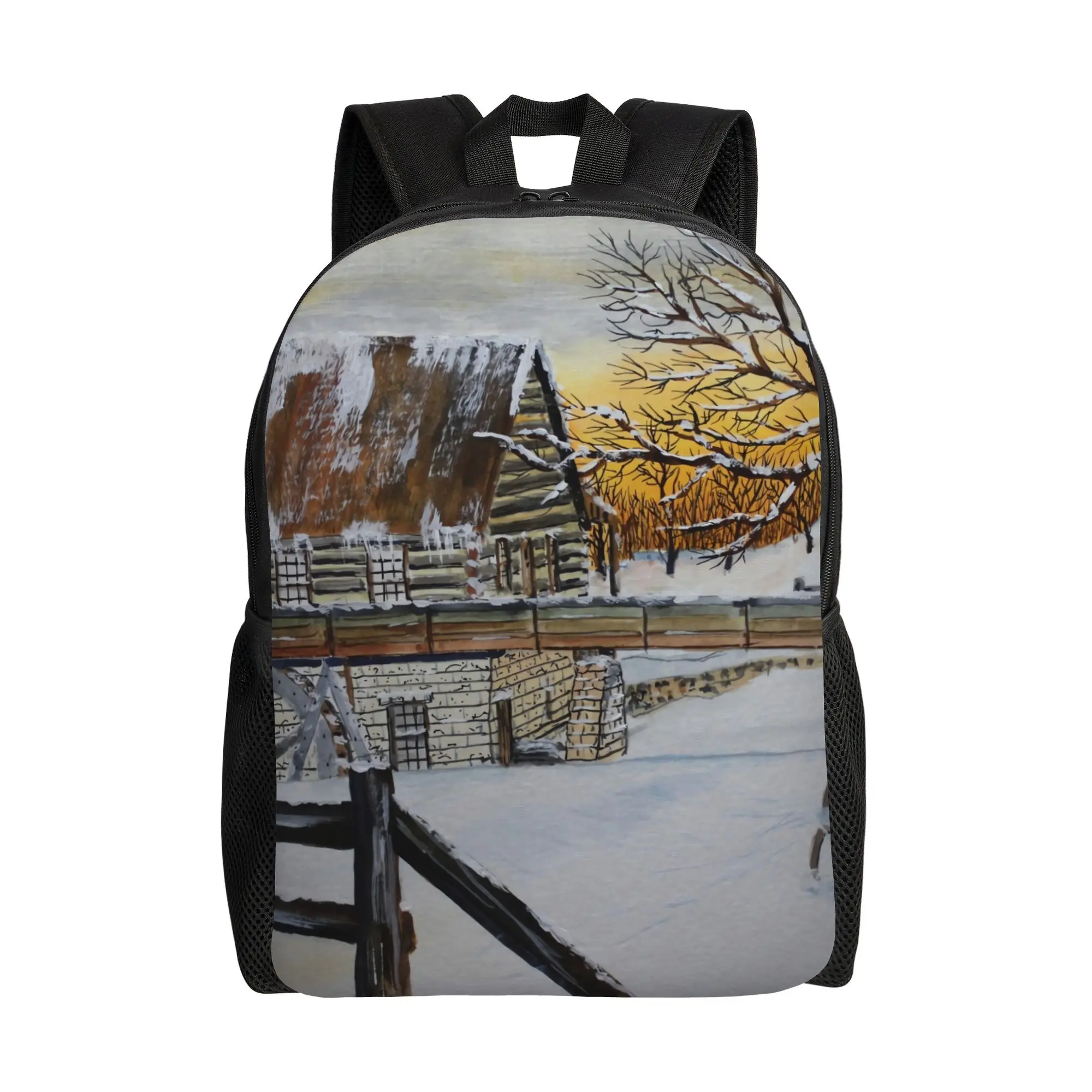 

Men's Lightweight Backpack, Winter Landscape Print (Snowy Old Mill & Country Cottage) - Neutral Beige & Brown
