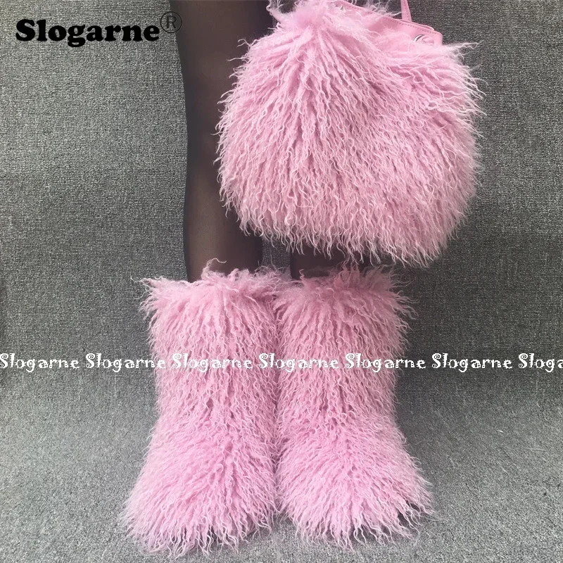 2024 Fashion Faux Wool Fur Handbag Women Outdoor Y2K Mongolian Fur Boots Woman Luxury Furry Shoulder Bags Fluffy Curly Snow Boot