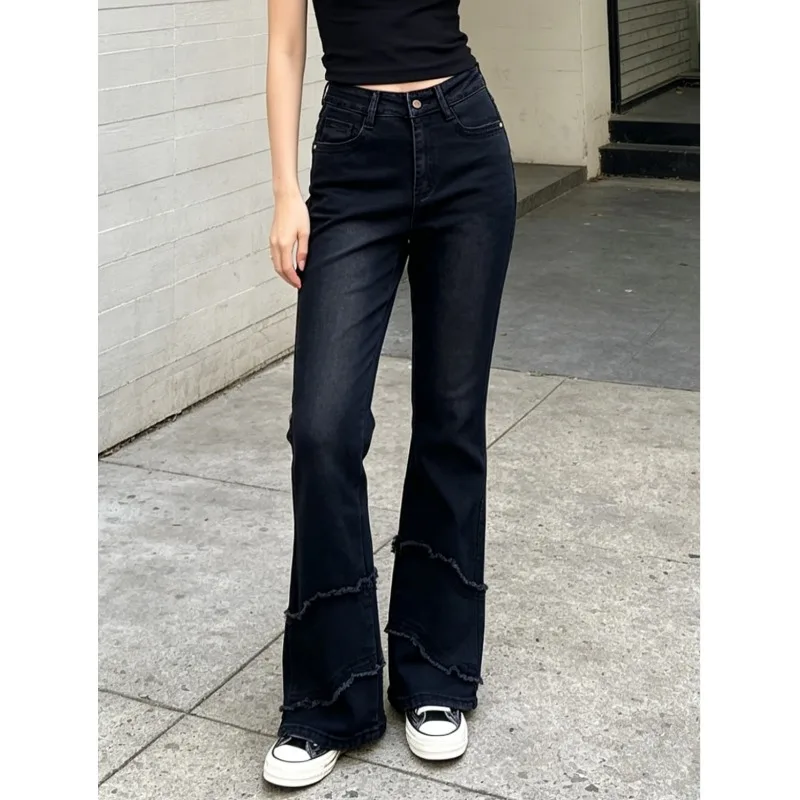 High Street Women Jeans with Fringed Stitching Slimming Elastic Slightly Flared Women Denim Pants A Must-have in Autumn Fashion.