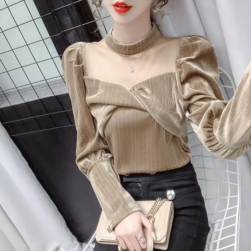 Velvet Top New Western Style High End Bubble Sleeve Open Collarbone Hollow Out Shirt for Women