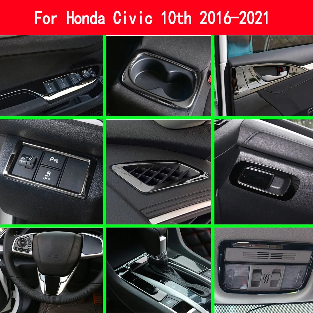 

Stainless Steel Car Center Console Co-pilot Storage Box Trim Glossy Black Air Outlet Vent Cover for Honda Civic 10th 2016-2021