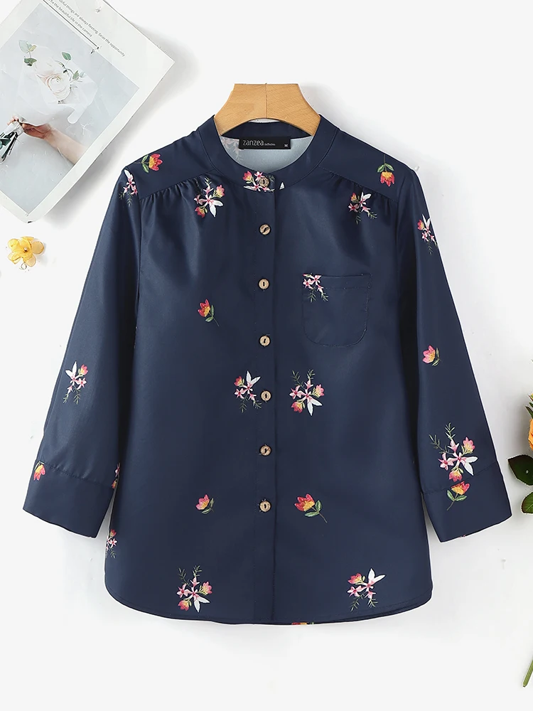

2025 ZANZEA Autumn Women Fashion Shirt 3/4 Sleeve Casual Floral Print Blouse Vintage Blusas Female Buttons Pockets Elegant Tops