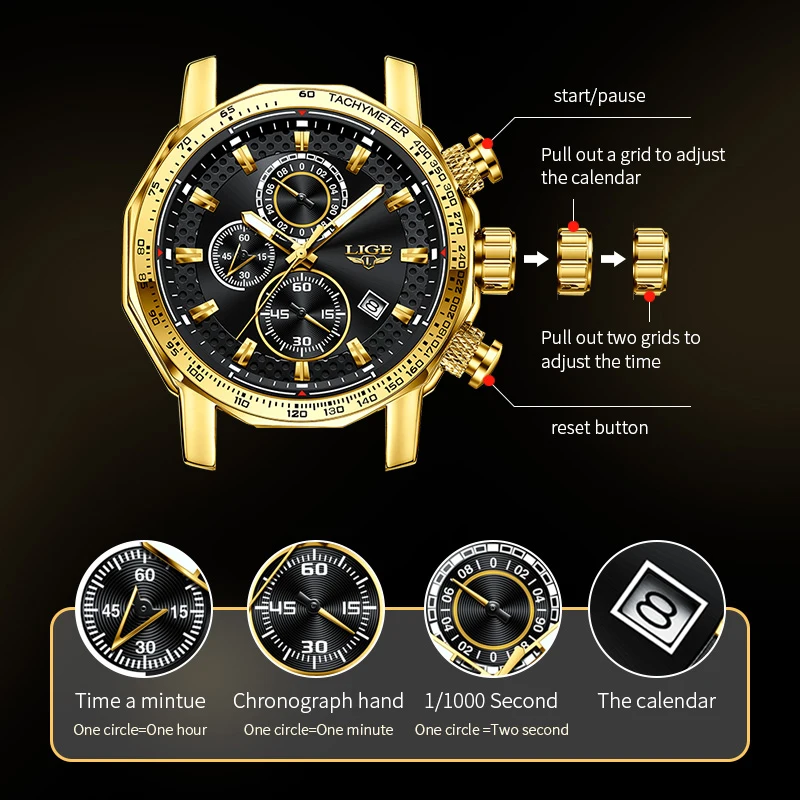 LIGE Watches Men For Men  Big Quartz Chronograph Wristwatches Luxury Stainless Steel Clock with Luminous Watch Relogio Masculino