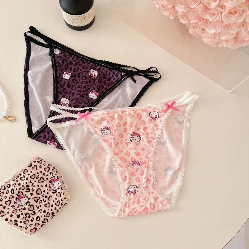 Quality Sweet and Spicy Leopard Print Cartoon Pattern Hello Kitty Anime Y2k Sexy Hollow Underwear for Women Soft and Comfortable
