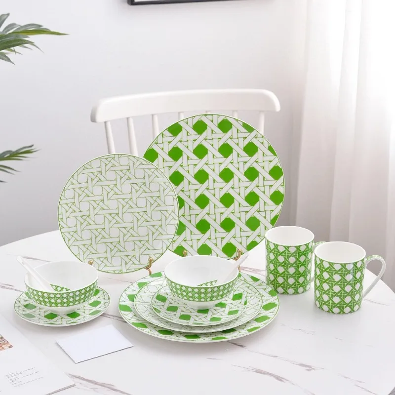 European Style Green Grid Bone China Dining Plate Set, Couple Tableware Set, High-end Household Kitchen Supplies Dinnerware Set