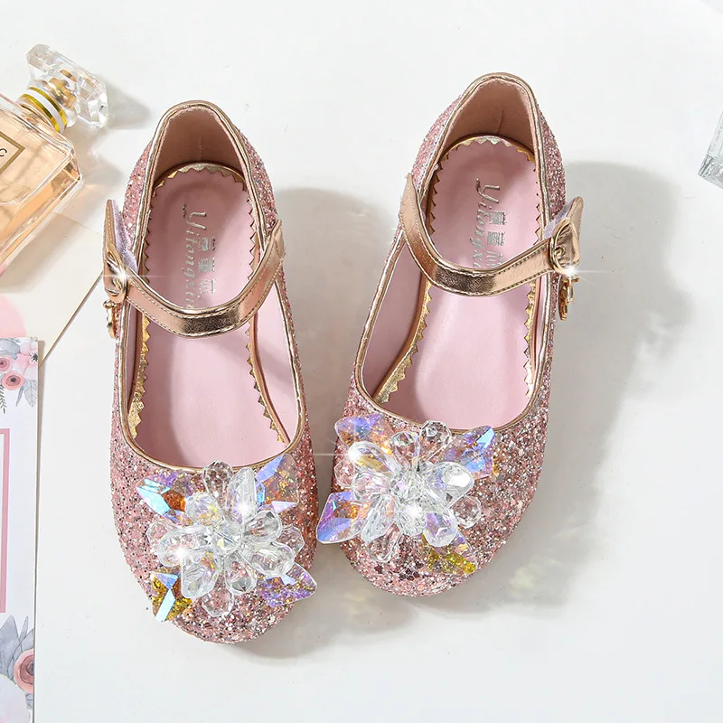 Children Leather Shoes For Girls High Heels Shiny Crystal Pillar Sequin Princess Kids Dance Shoes Attend A Evening Party Shoe