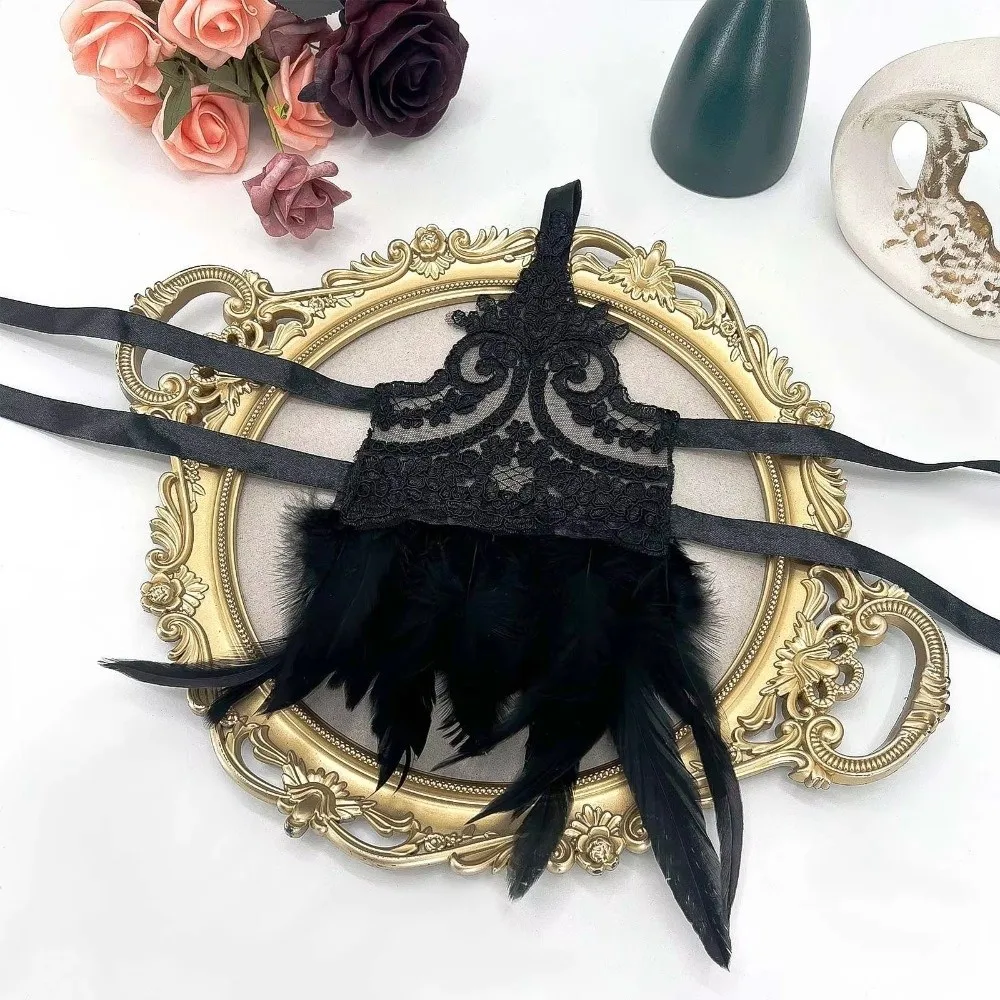 Witch Halloween Feather Gloves Lace Embroidery Halloween Feather Cuffs Fingerless Halloween Women Feather Lace Gloves Women