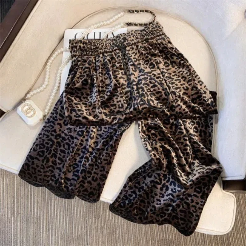 High Street Elastische Taille Leopard Print Breite Bein Hosen Frühling Herbst Straße Beiläufige Gerade Hosen Vintage-Mode Frauen Kleidung