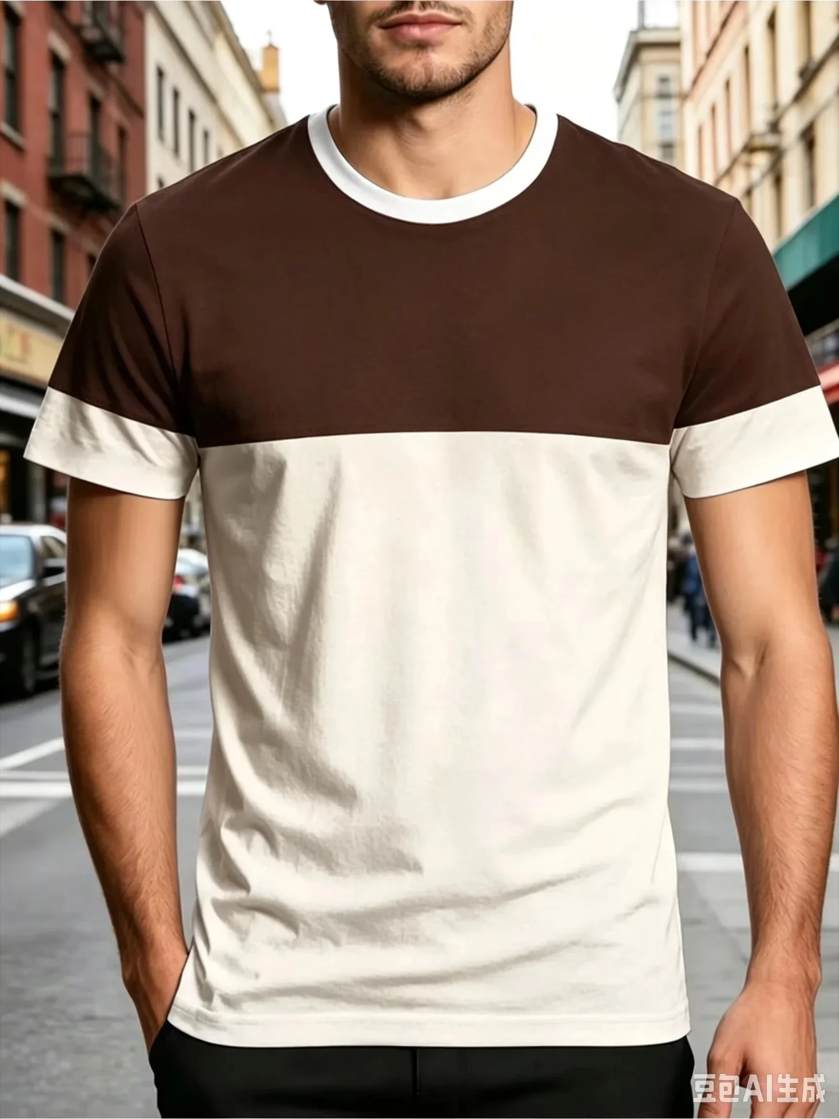 Trendy Simple Style Color Block Printed T-shirt Summer Casual Crew Neck Short Sleeve Outdoor Breathable Men's Streetwear Tops