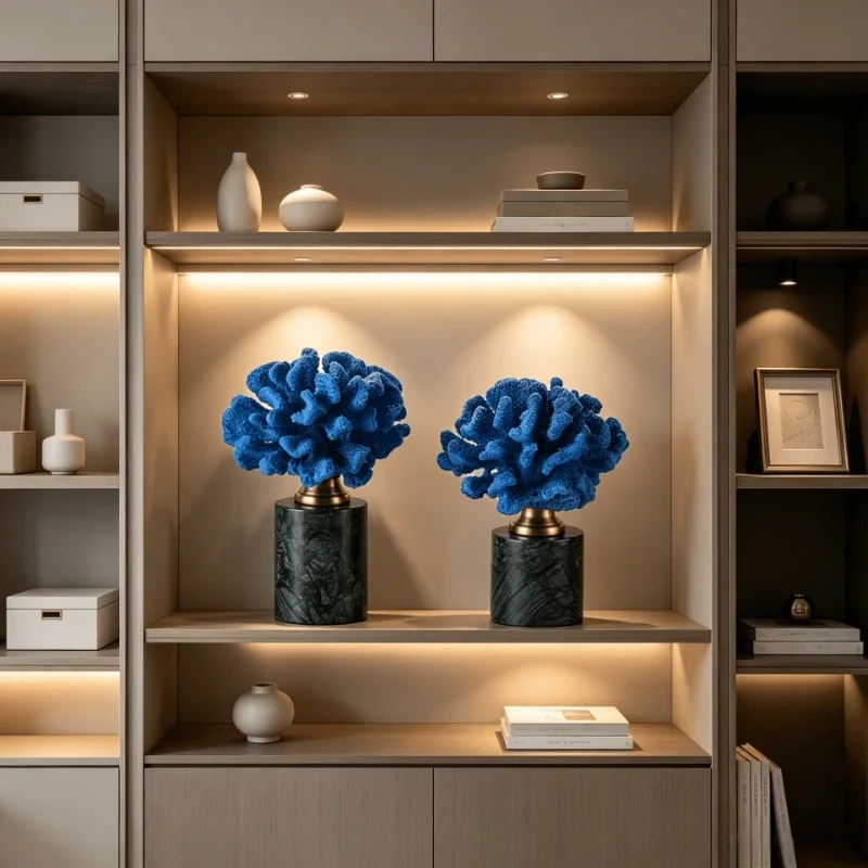 Blue Simulated Coral Figurine Statue Marble Base Resin Crafts Hotel Lobby Living Room Wall Cabinet Display Cabinet Ornaments