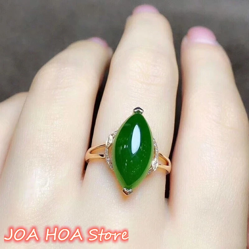 

Natural Green Jade Pulp Hand Carved Water Drop Fashion Boutique Jewelry Women's 925 Silver Inlaid Ring