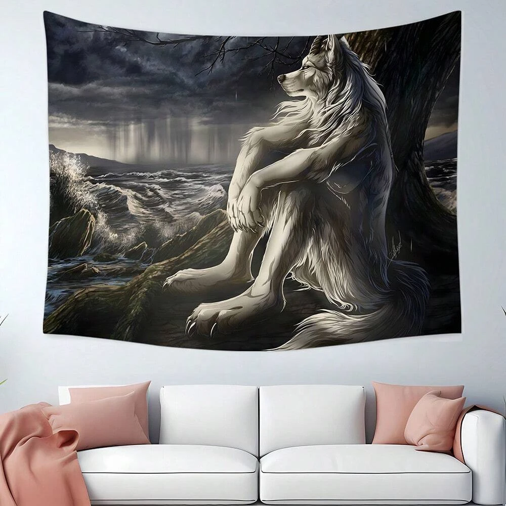 1 Pc Funny Alpha Sigma Beta Wolf Tapestry, Emo White Wolf Sad Sitting Wall Tapestry, Mural Art for Home Decor, Birthday Graduati