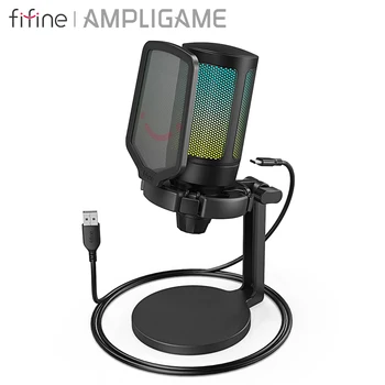 FIFINE USB Gaming Microphone with RGB AmpliGame, Gain Knob, Touch Mute, Podcast Condenser Mic for PC Streaming, Switch, PS5-A6NEO