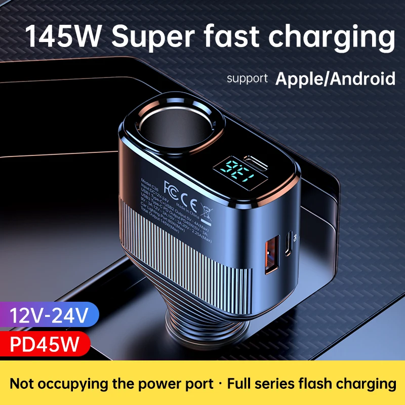 145W Cigarette Lighter Adapter High Power PD 45W Super Fast Charging Dual QC3.0 USB Phone Charger Universal for 12V/24V